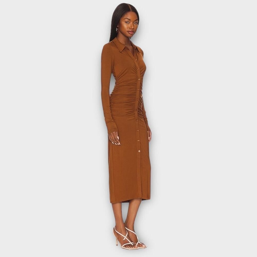 Good American Good Touch Button Front Midi Dress Women's 1/Small Brown Ruched - Picture 12 of 12